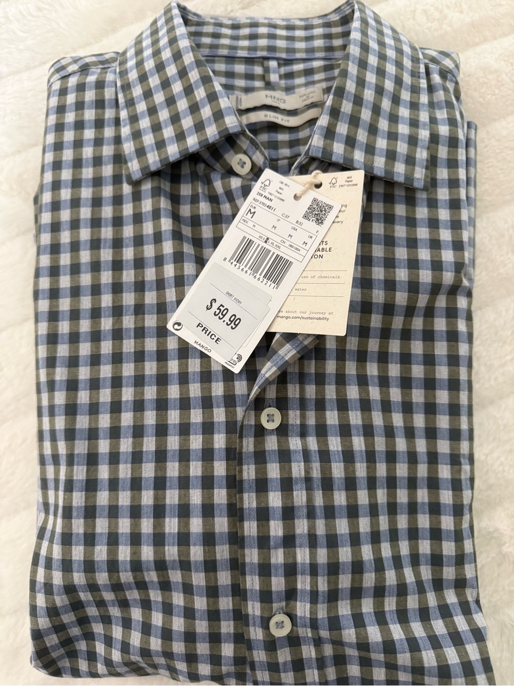 Mango Men's Blue and Gray Gingham Button-Down Shirt
